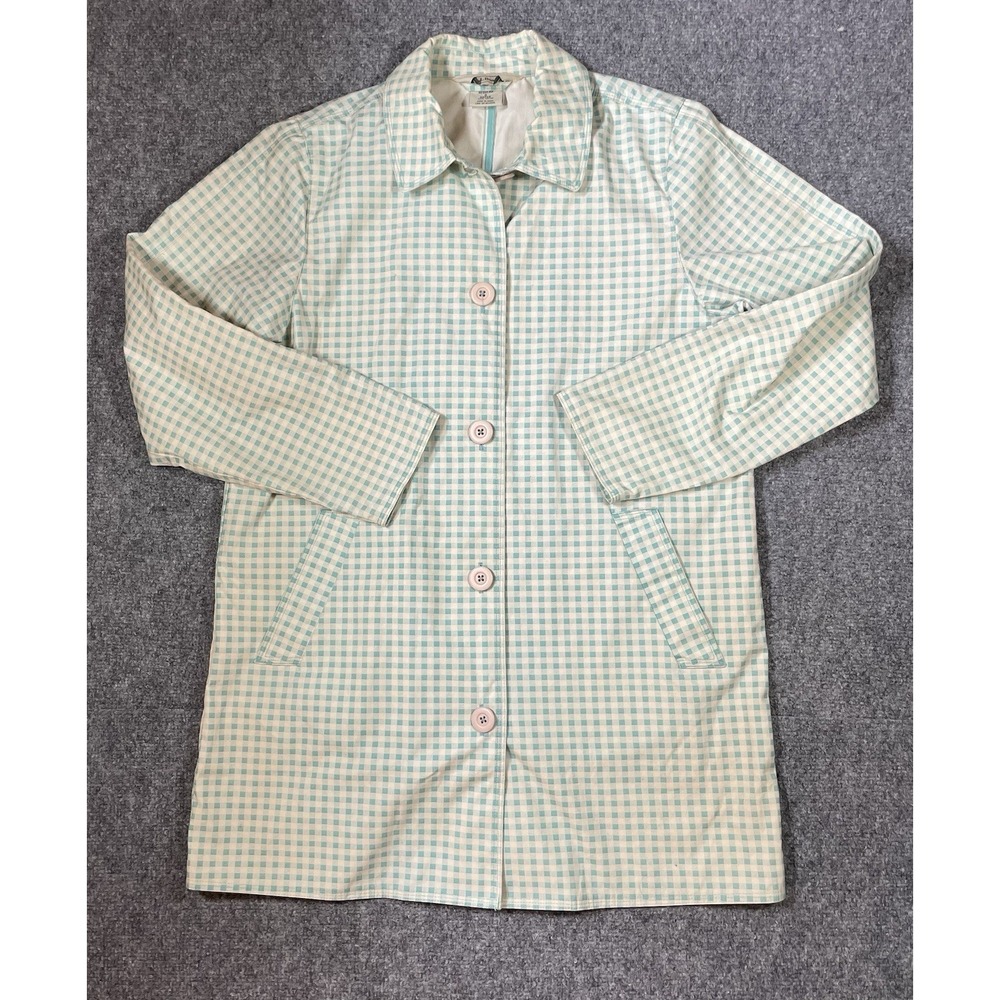 LL Bean Car Coat Womens S Teal Gingham Cotton Button Front Jacket